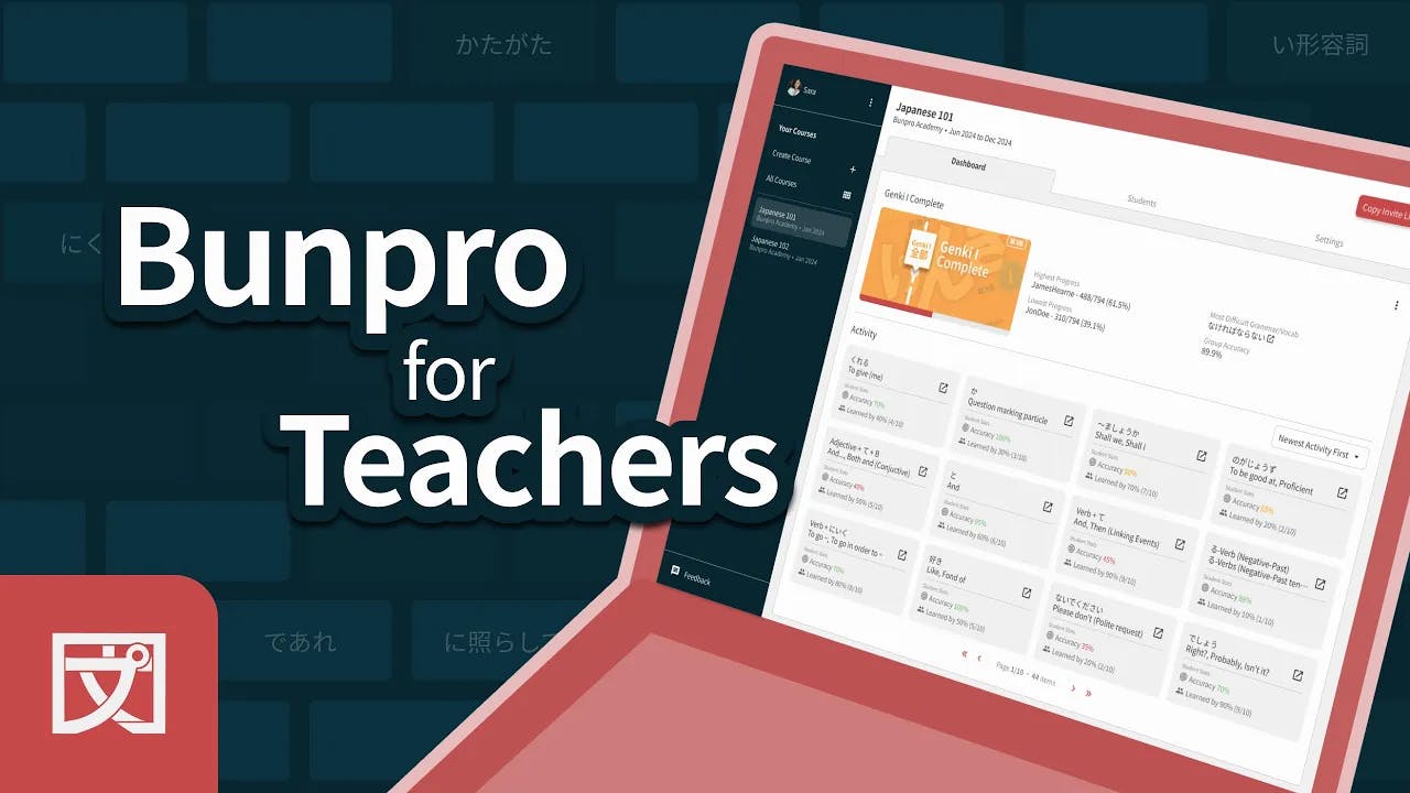 A Youtube video, giving a quick introduction of Bunpro, along with how the teacher dashboard works.